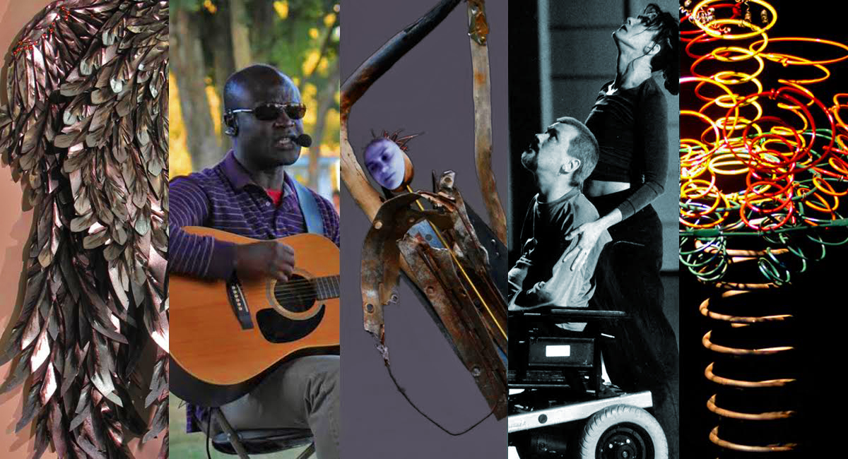 Five artworks including sculpture, music and performance, combined in one image